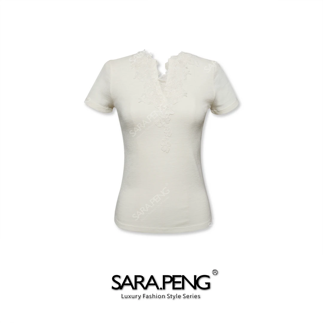 S.PENG夏日清纯T｜新款超细羊毛拼立体蕾丝短袖上衣｜显瘦细腻柔软