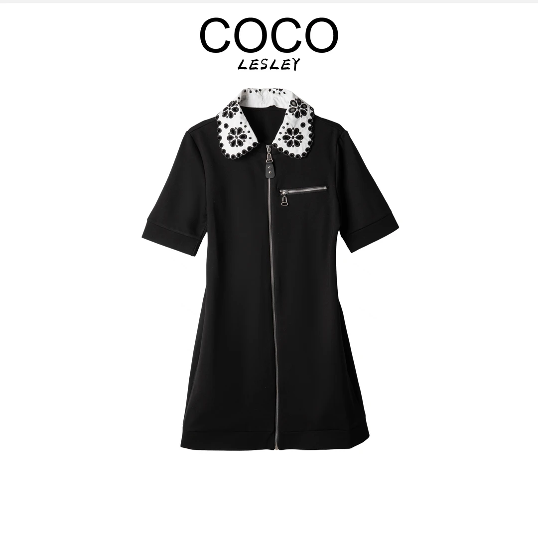 【COCO LESLEY】连衣裙设计感夏季拼接休闲短裙风常规拉链短袖