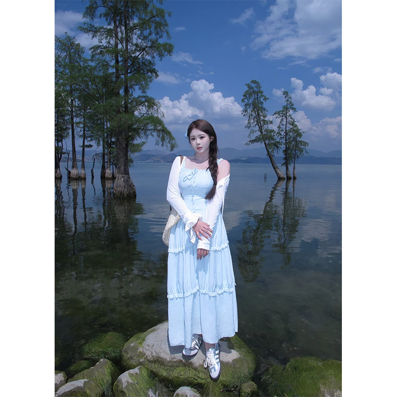 白七七微胖二店【薄荷茶语】浪漫方领收腰蛋糕连衣裙 L9005