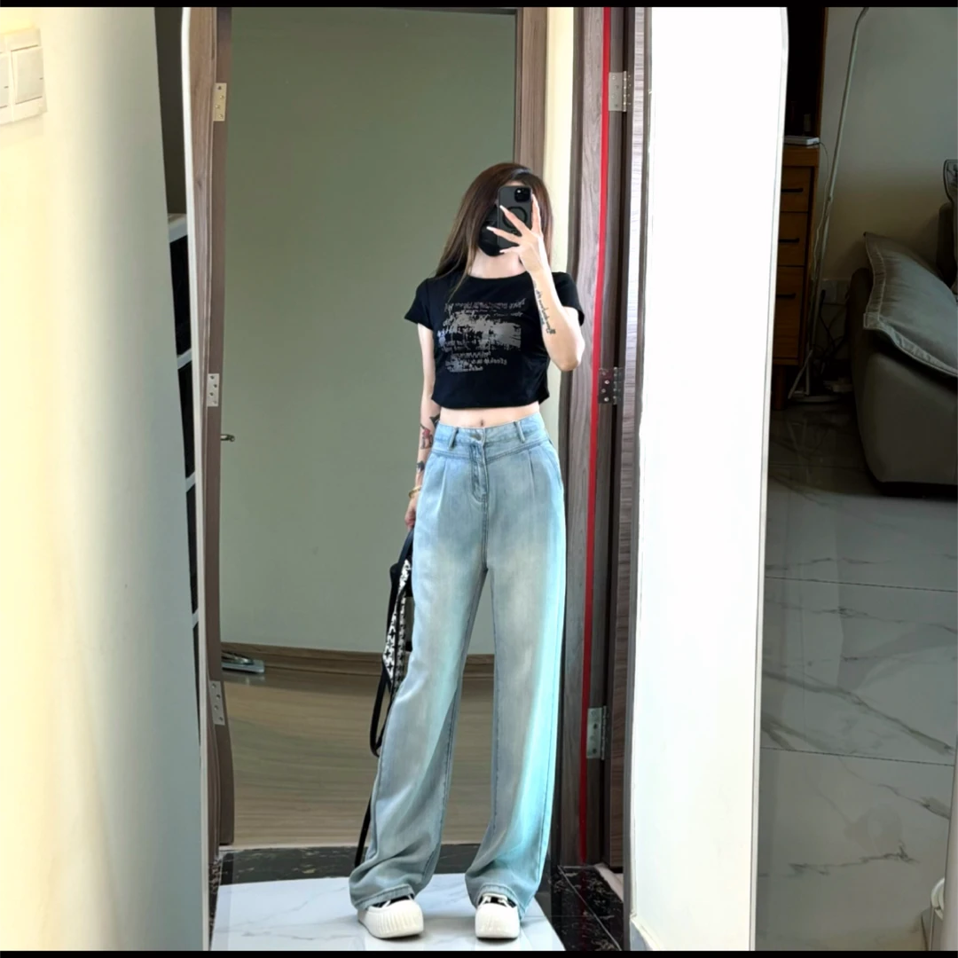 视岛浅蓝莱赛尔牛仔裤2025夏新款高腰直筒阔腿垂感设计拖地裤5168