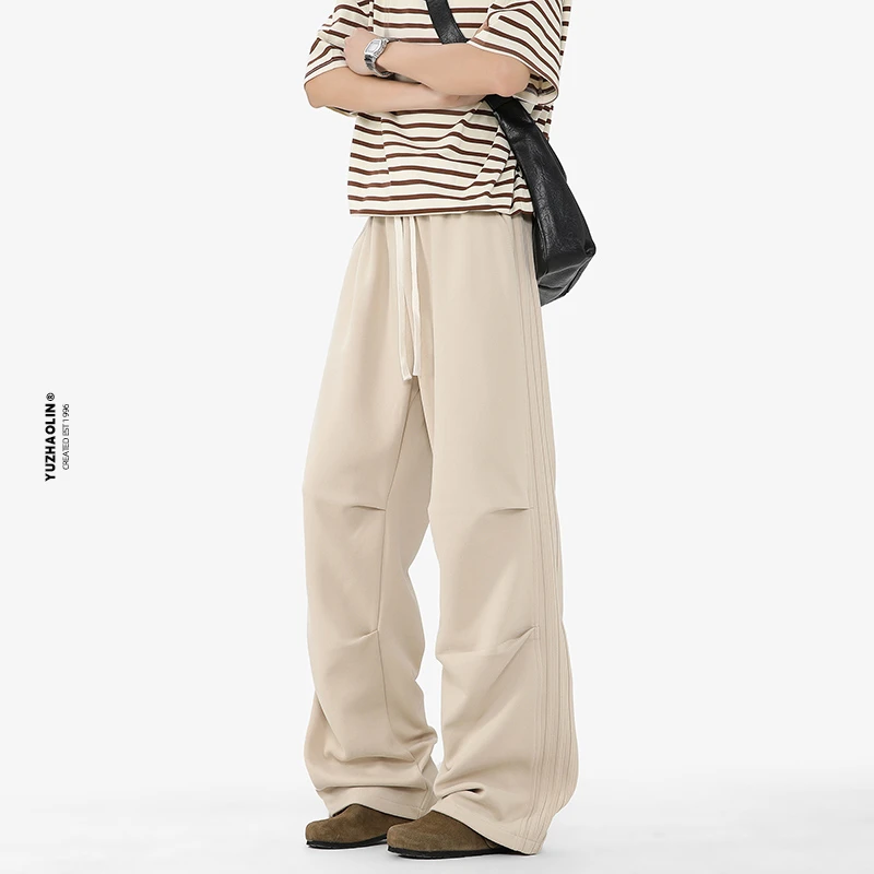 2025新款直筒卫裤男宽松阔腿运动裤子美式潮牌褶皱垂感休闲裤子