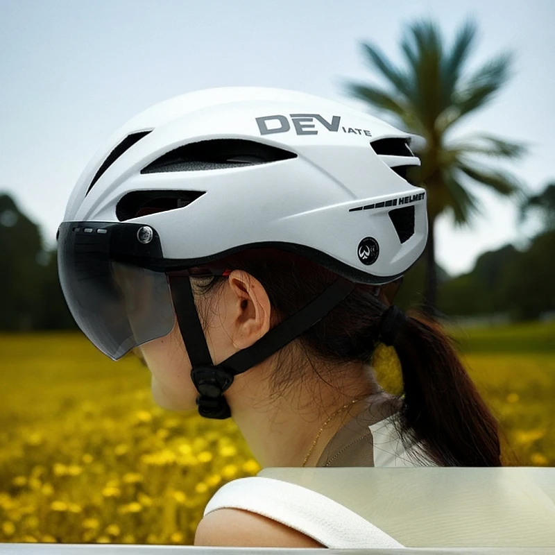 一体成型自行车头盔哑光带磁吸风镜城市通勤超清头盔骑行头盔