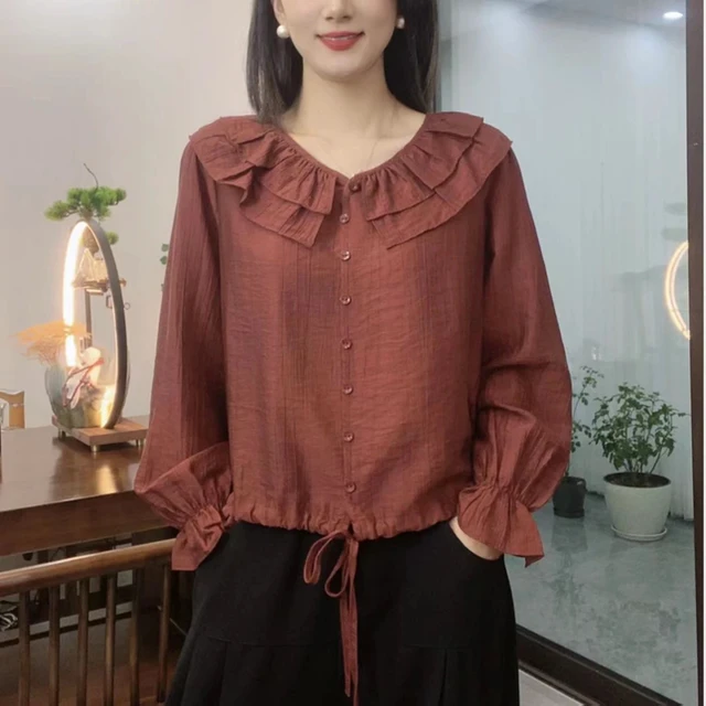 秋季新款花边领上衣宽松显瘦气质色减龄妈妈洋气休闲翻领衬衫女
