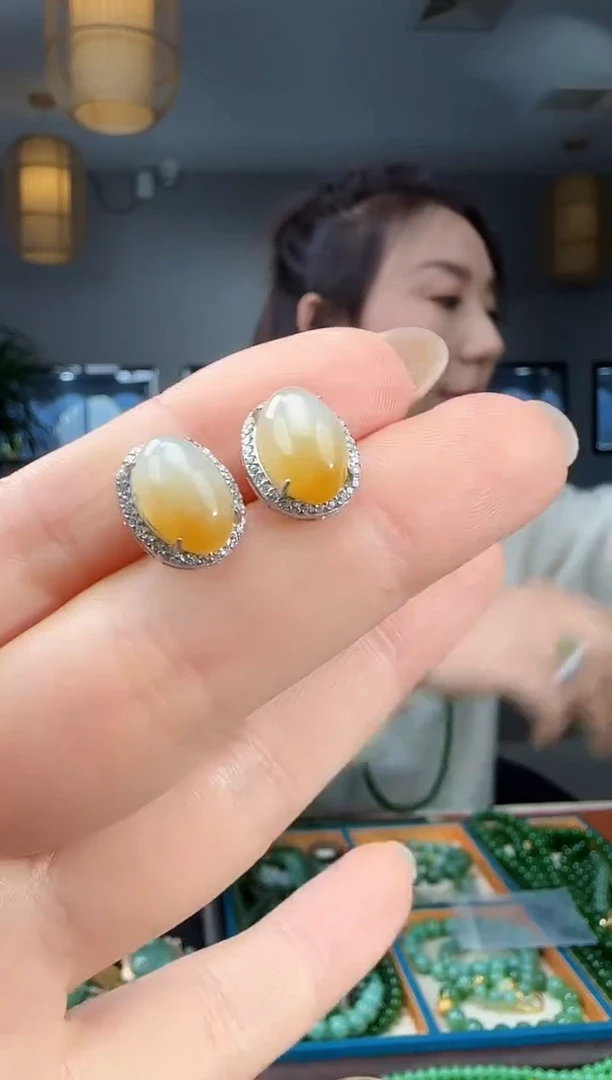 银S925镶嵌和田玉耳饰1