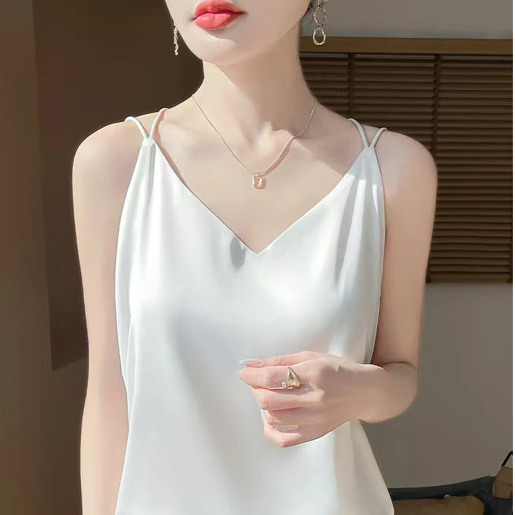 缎面吊带背心女女内美背西装白色黑色打底缎面上衣夏季