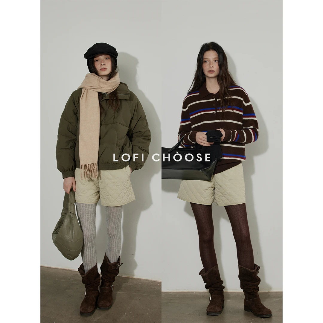 Lofi choose 菱格夹棉保暖短裤女冬季新款宽松显瘦百搭外穿休闲裤