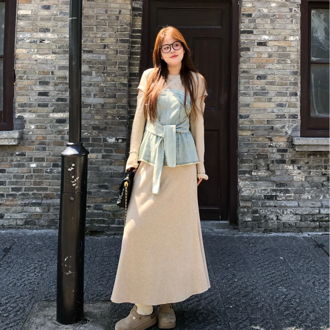 盈盈&南岛风大码女装拼接牛仔上衣秋胖mm宽松半裙长裤套装ZYY2181