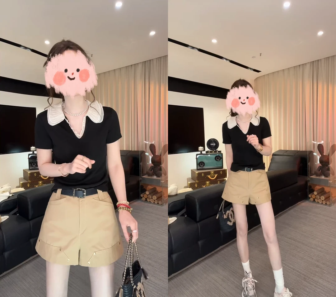 2025新品高级时尚优雅拼色百搭短袖女洋气显瘦修身百搭t恤