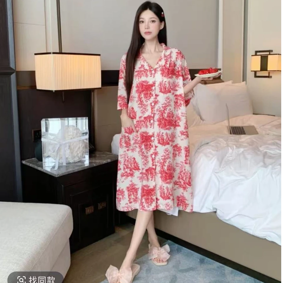 【红色水墨画】睡裙套大码显瘦洋气休闲夏季宽松印花气质百搭韩版