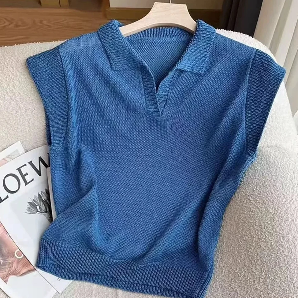 蓝色时尚气质休闲简约Polo领短袖针织T恤女2025夏季新款纯色上衣