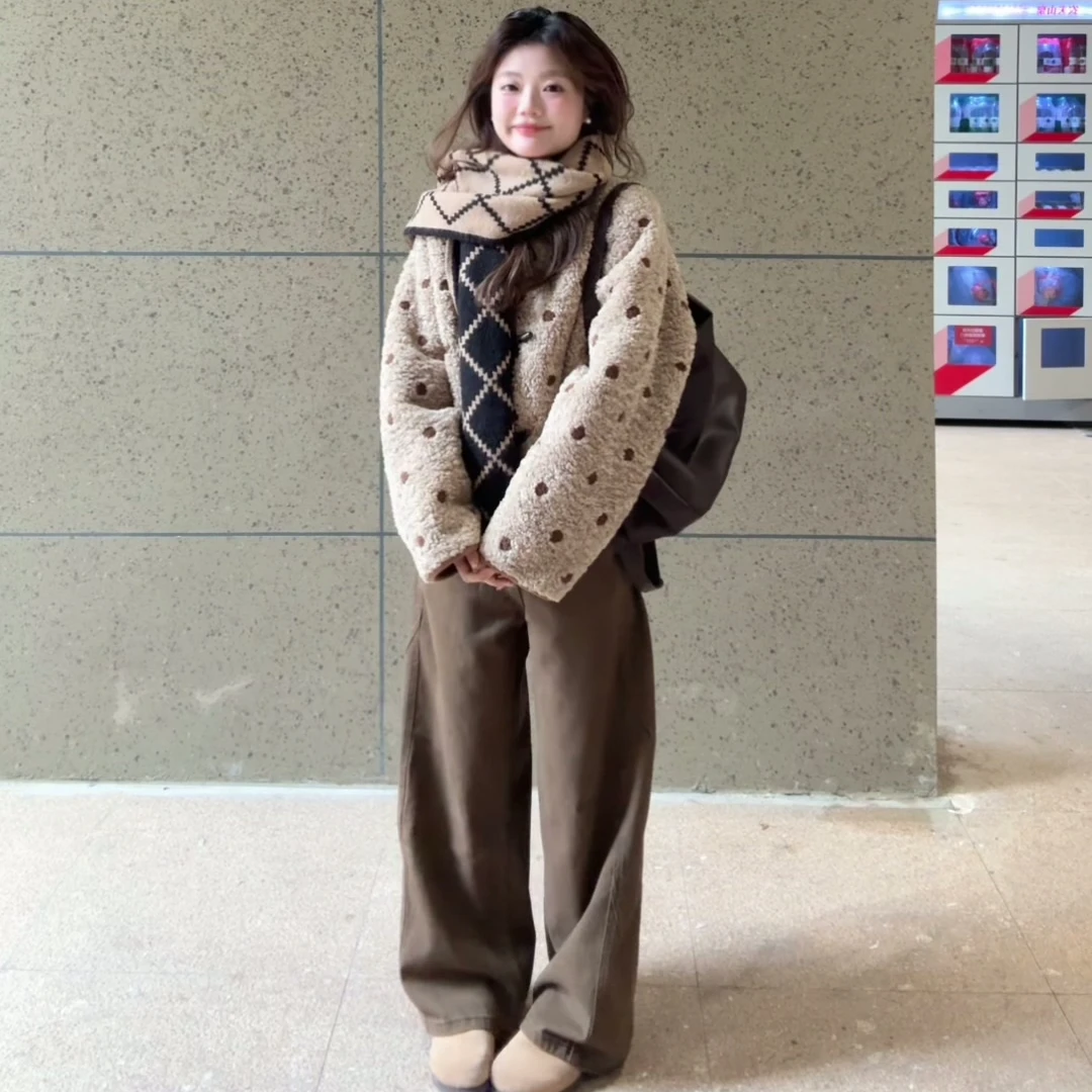 韩系慵懒风两面穿波点羊羔毛外套女甜美温柔毛绒上衣休闲裤套装