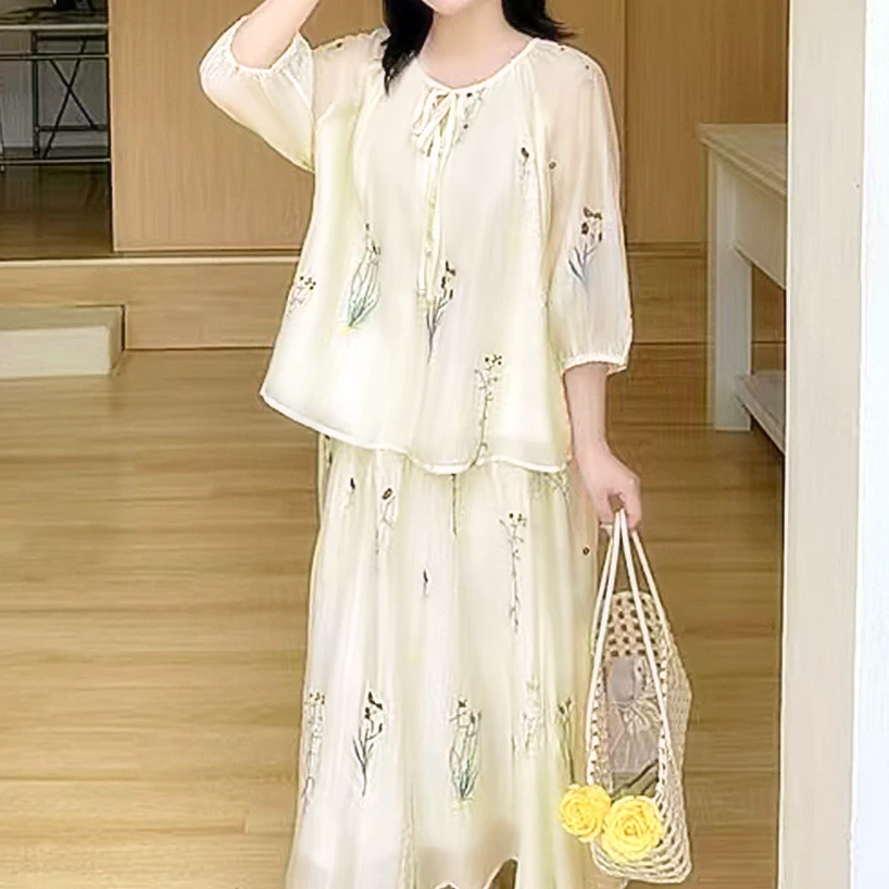 大码女装300斤胖MM时新中式梭织印花薄款上衣半身裙套装130