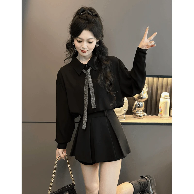 韩版高级感宽松学院风洋气休闲百搭长袖配领带黑色衬衫上衣女