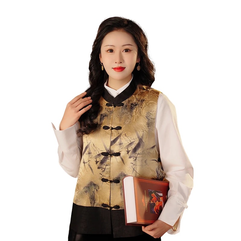 香云纱（嘉禾）国风重缎印花复古气质短款百搭无袖马甲-60011