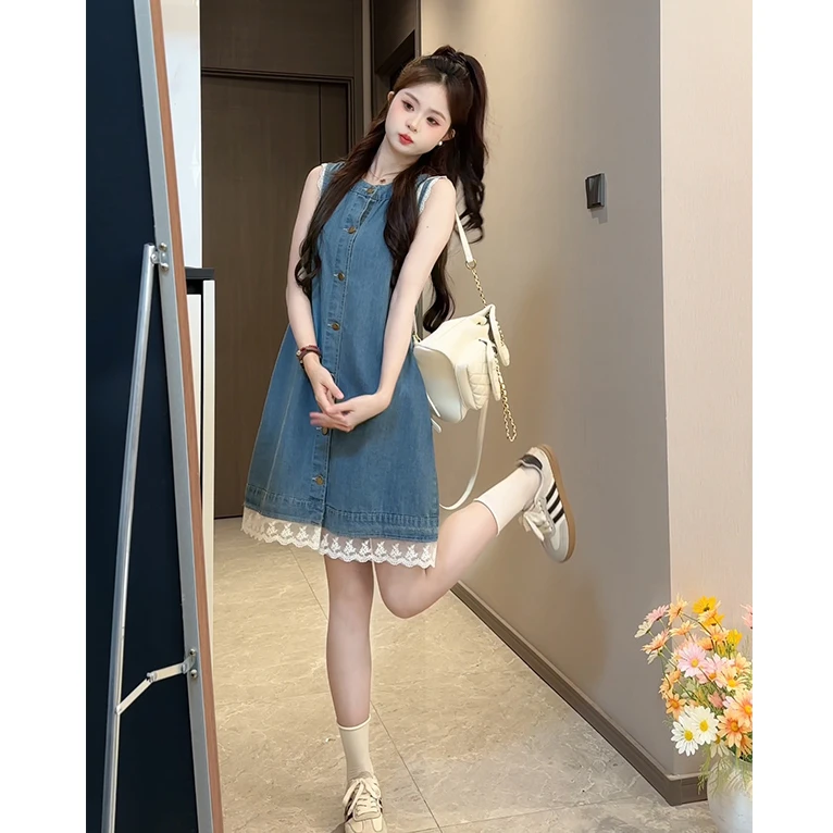 夏季新款高级感复古牛仔连衣裙女小个子蕾丝花边拼接无袖背心裙
