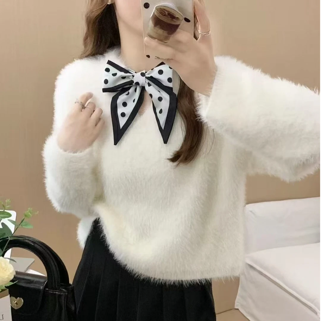 304衣长50韩系甜美软糯短款毛衣女打底显瘦水貂绒针织上衣女洋气