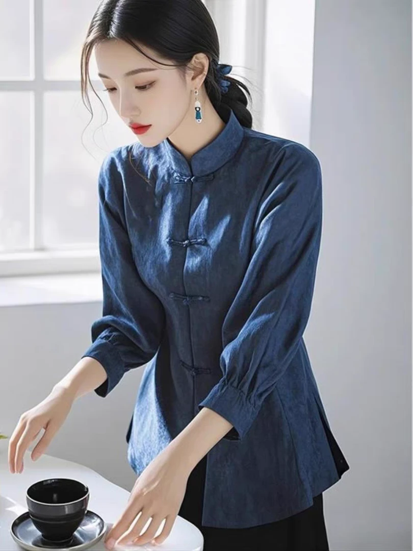 2025春季新款洋气休闲百搭气质女装上衣国风新中式盘扣立领衬衫女