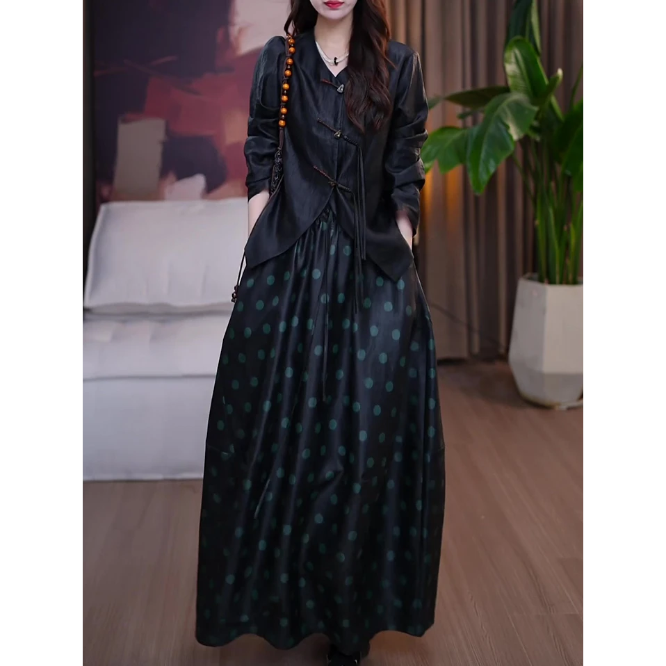 新中式时尚套装女2025秋装新款国风气质显瘦长袖衬衫+波点半身裙