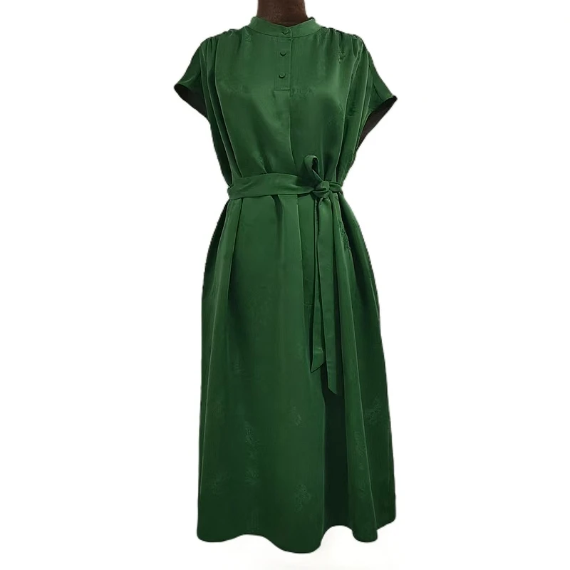 [工厂直销] 2025新款纯色重锻提花香云纱百搭长款连衣裙-F25035