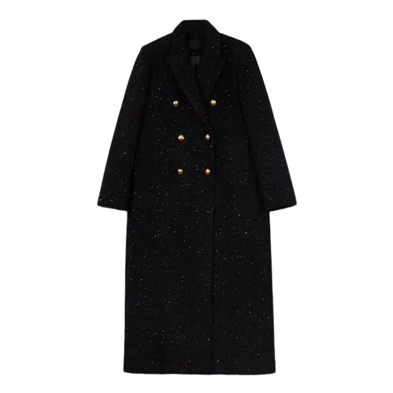 2024冬季新款90白鸭绒内胆女士黑色长款亮丝毛呢大衣时尚修身显瘦