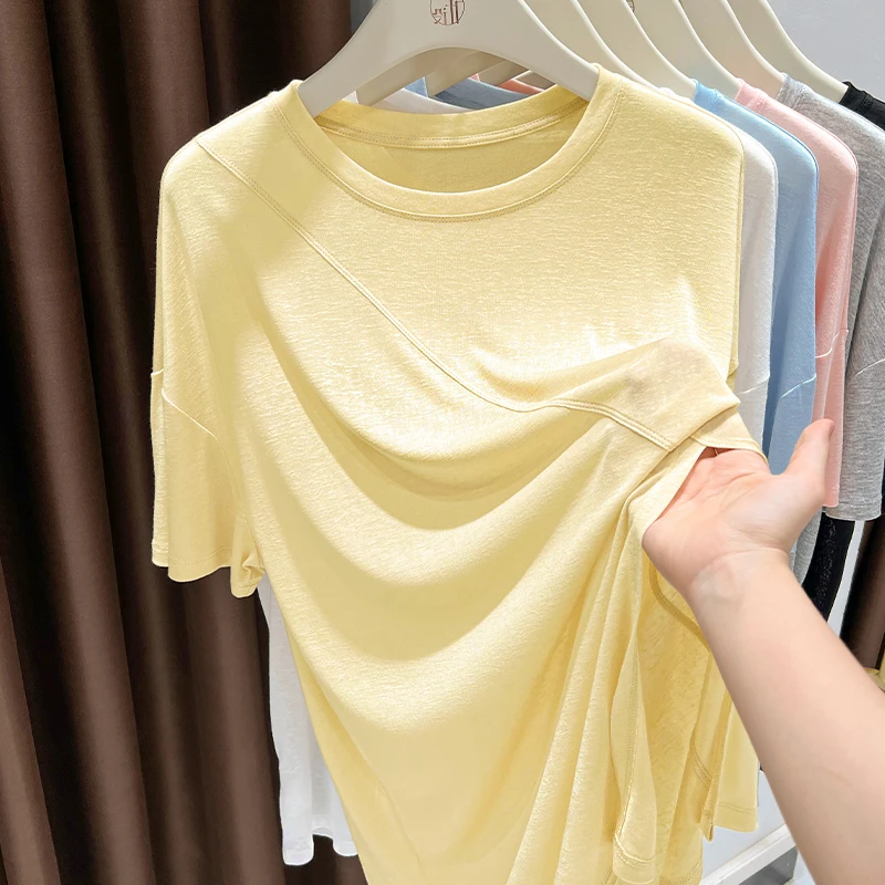 多巴胺穿搭冰丝透气瑜伽上衣女夏季薄款短袖罩衫宽松圆领运动T恤