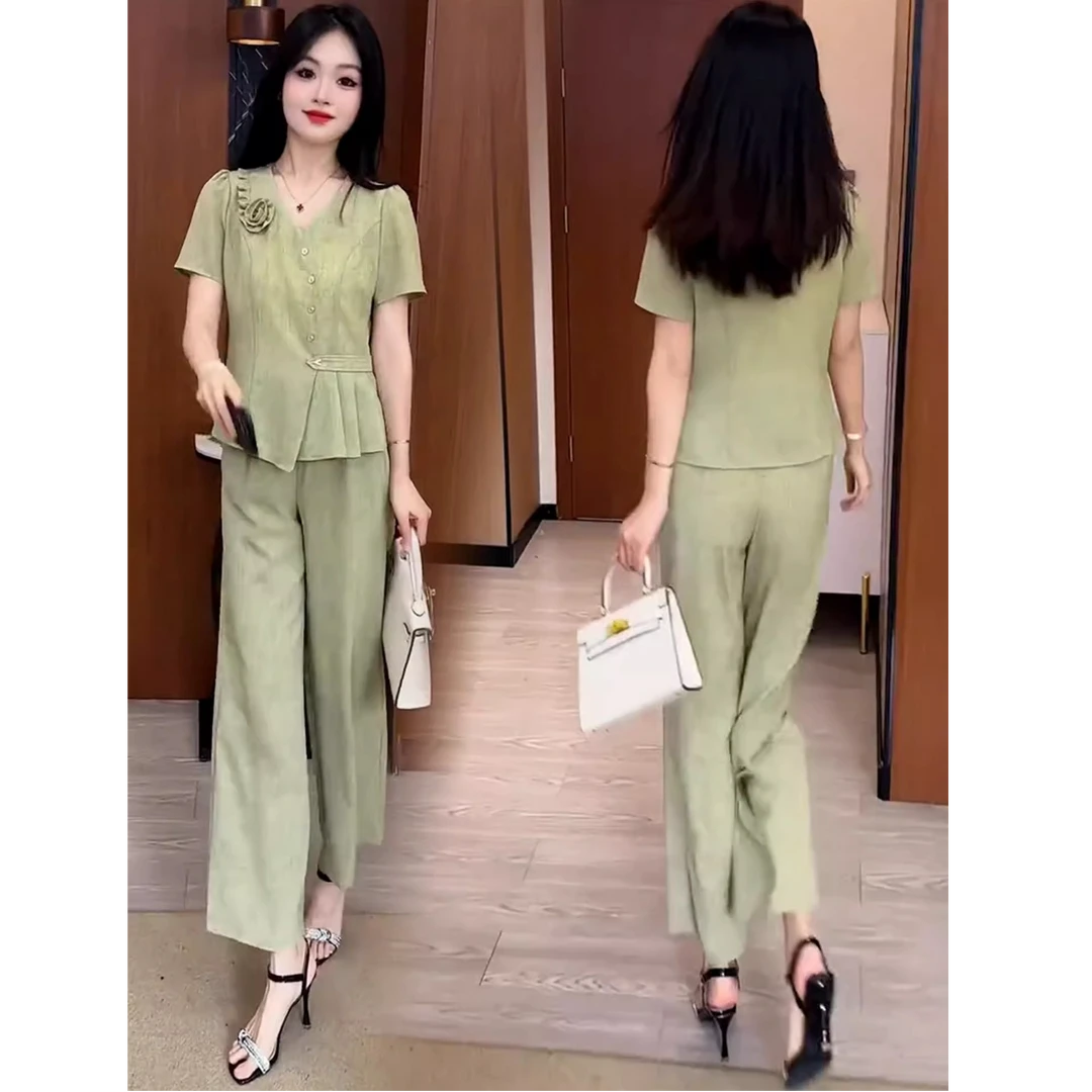 时尚气质套装女2025新款夏季时髦洋气显瘦V领短袖阔腿裤两件套