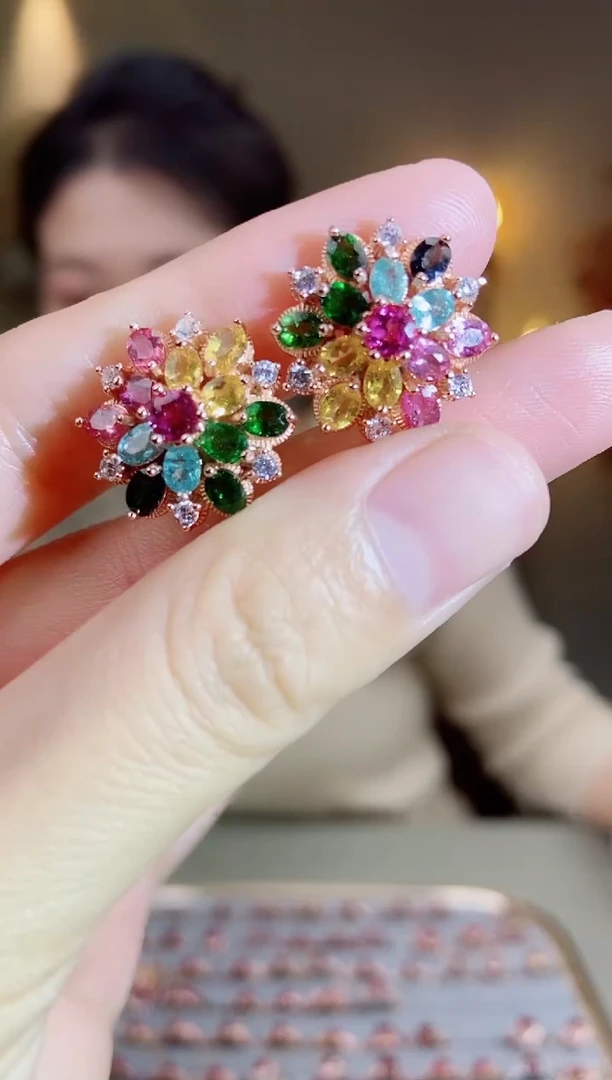 银S925镶嵌耳饰碧玺耳饰