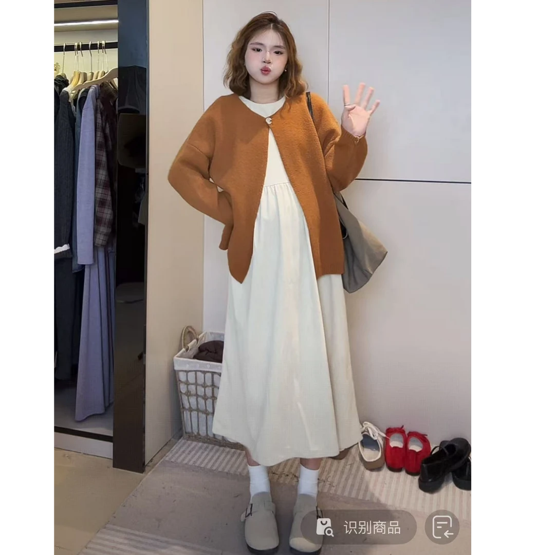 KIKI~2025时尚小个子秋季法式灯芯绒长款连衣裙+毛衣外套孕妇套装