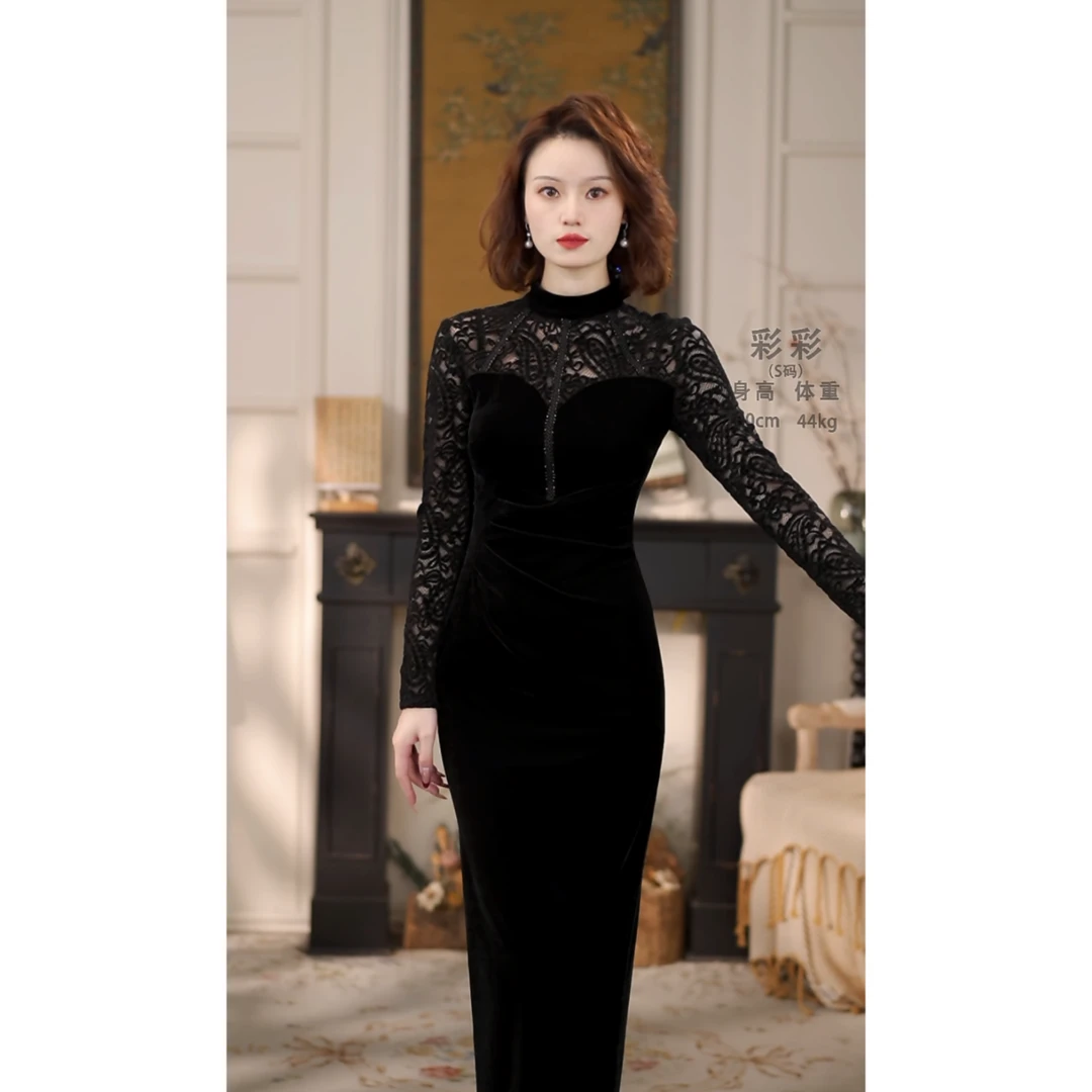 彩彩家【云杉秘境】复古气质设计感显瘦遮肉高级优雅修身女装连衣裙
