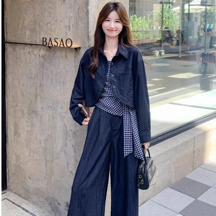 盐系设计感套装三件套女2025春秋新款格纹抹胸吊带牛仔衬衫阔腿裤