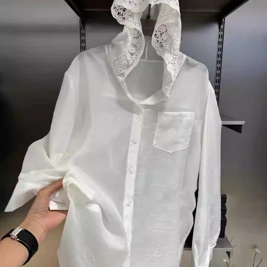 欧货2025夏季新款蕾丝连帽衬衣女防晒薄款长袖宽松开衫外套上衣