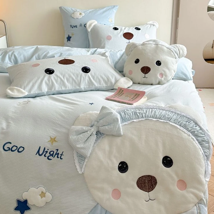 可爱公主风纯棉水洗棉四件套全棉儿童床单被套卡通学生床上三件套