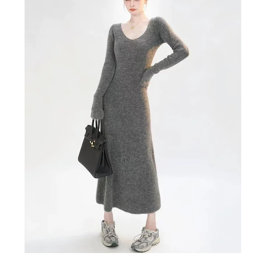 【厂家直发】秋冬气质显瘦针织连衣裙女修身过膝长裙打底毛衣裙百搭