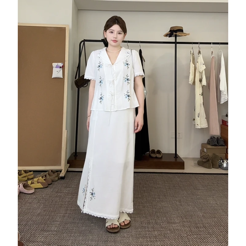 FRVXO【夏日之约】韩系高智感法式气质花朵刺绣衬衫半裙小众套装