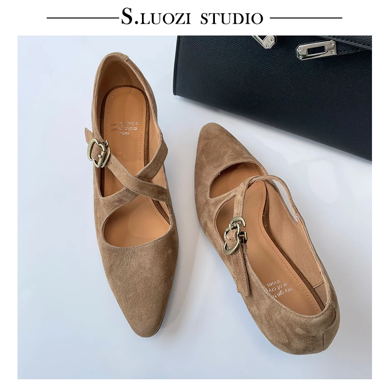 诗罗姿2025新款单鞋复古圆头交叉扣带中跟女士时尚跟鞋气质百搭