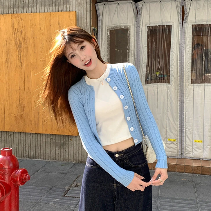 蓝色针织开衫外套女宽松2025秋季新款长袖毛衣短款打底上衣