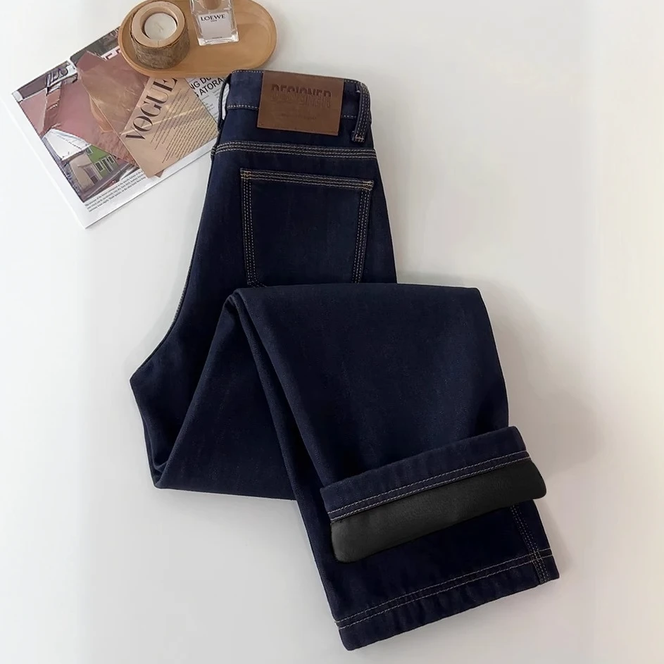 丹宁蓝直筒牛仔裤女秋季新款梨形身材裤子显瘦宽松窄版阔腿裤