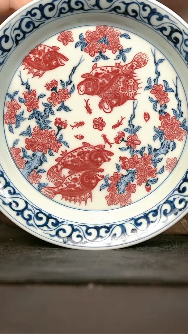 手绘手绘高温现代瓷  气  桃花鳜鱼肥壶承17.5cm