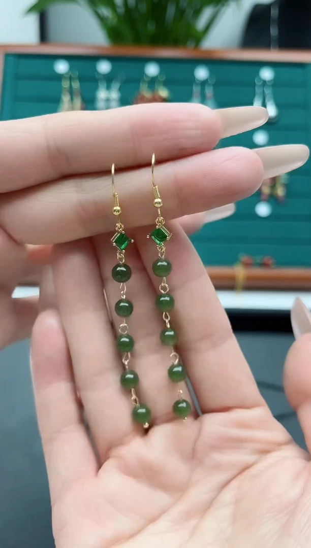 【闪购商品】和田玉耳饰银S925镀金镶嵌和田玉5连珠