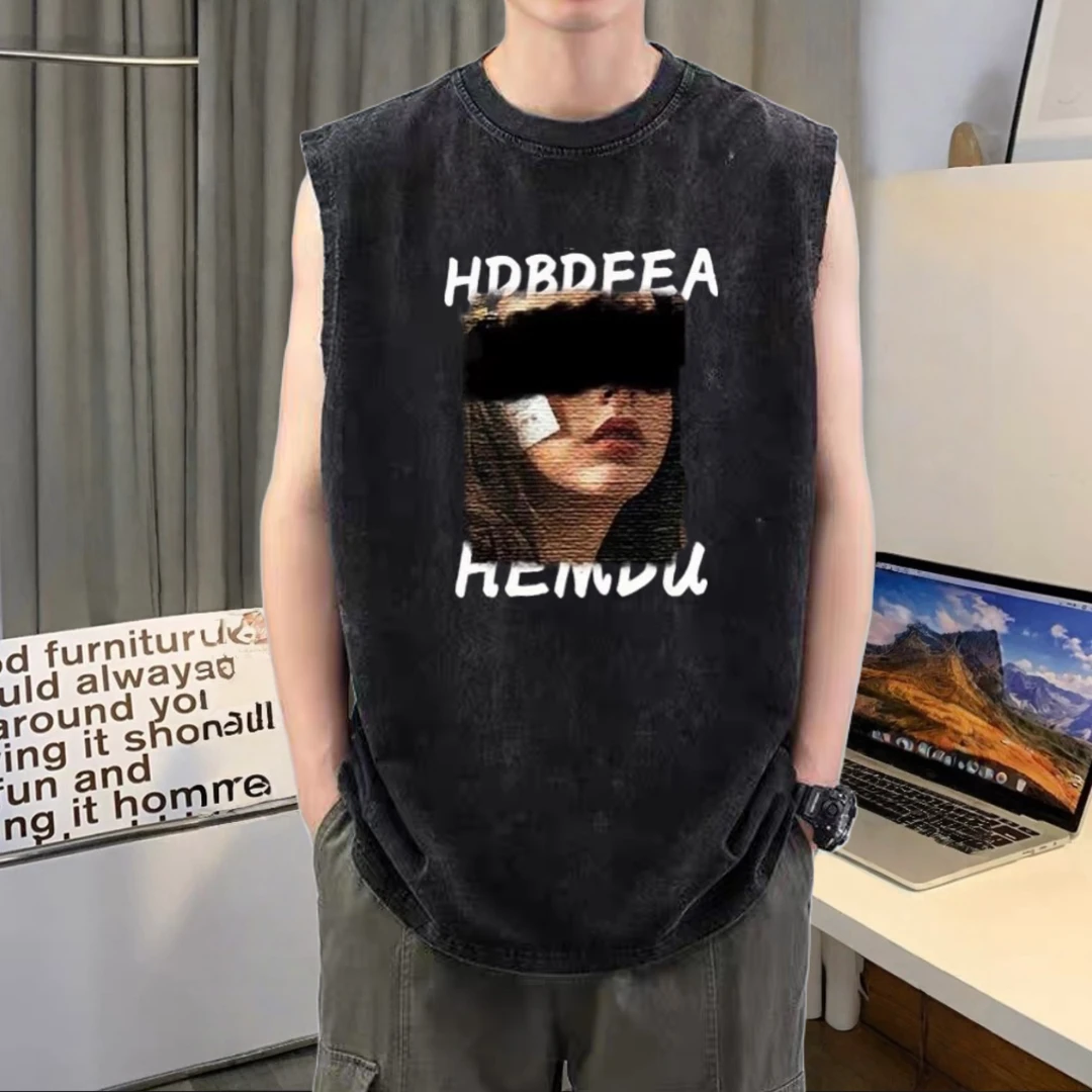 美式印花背心男潮流宽松ins潮牌纯棉做旧坎肩夏季新款情侣无袖T恤