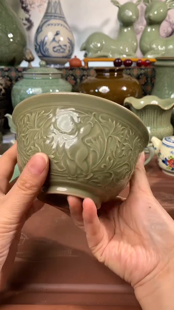 现代耀州窑微瑕小口失圆缠枝婴戏碗口径14 CM四只