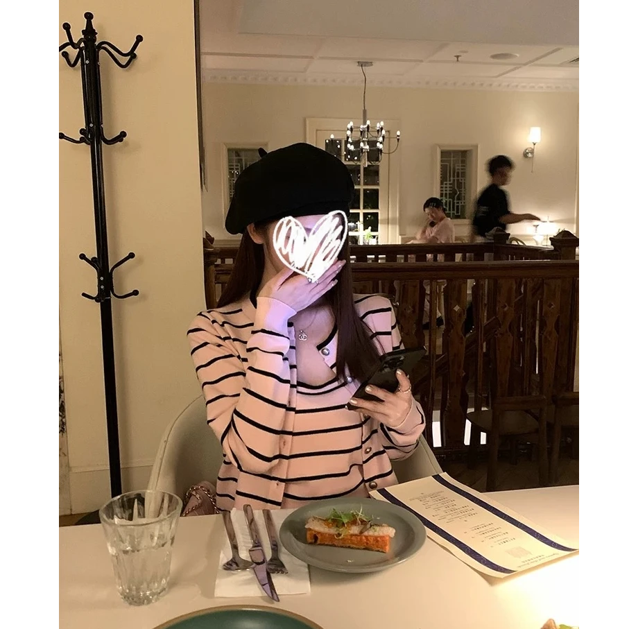 韩系ins条纹挂脖吊带+薄款长袖开衫气质外套Y1412+Y1413