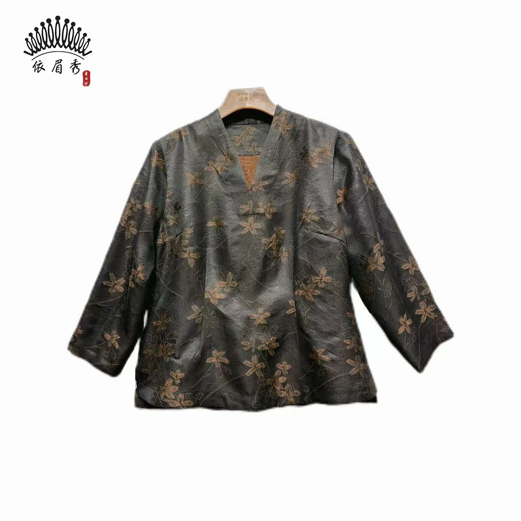 YIMEIXIU/依眉秀香云纱缎面提花V领优雅复古上衣61341