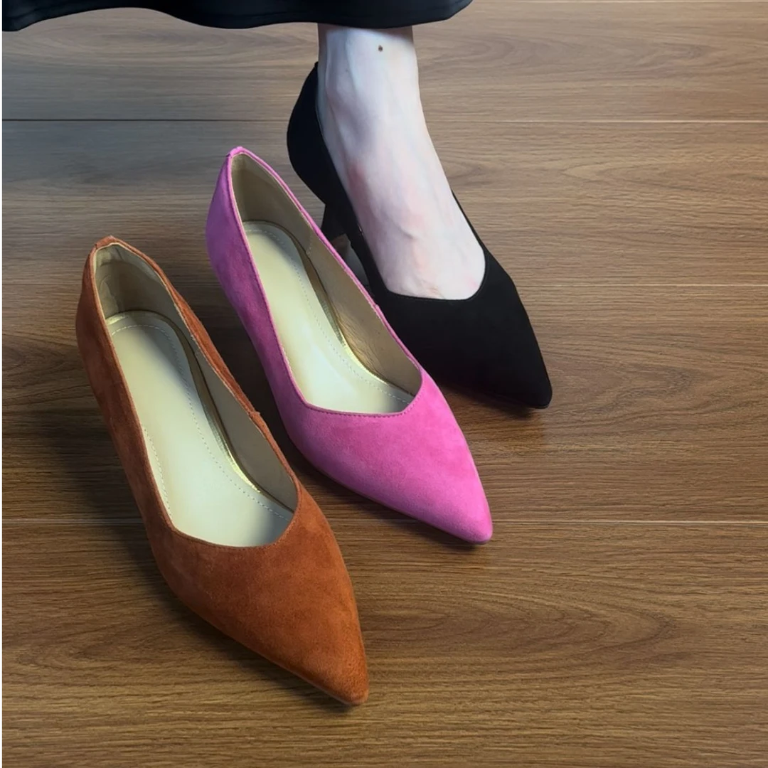 5.5CM羊反皮磨砂百搭性感显脚白高端尖头高跟鞋女25新款浅口细跟