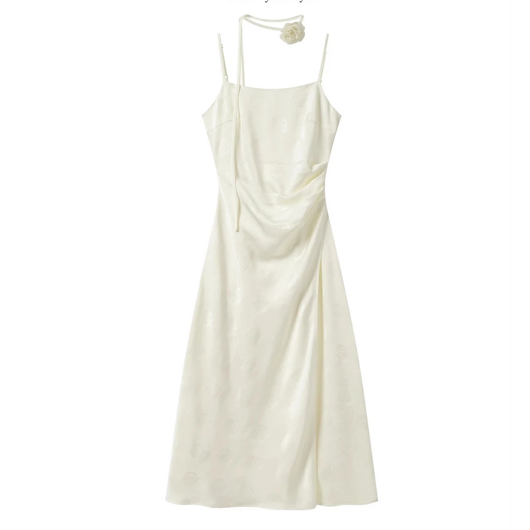 羊城故事-杏色气质花朵飘带暗纹提花缎面吊带连衣裙Y50550289