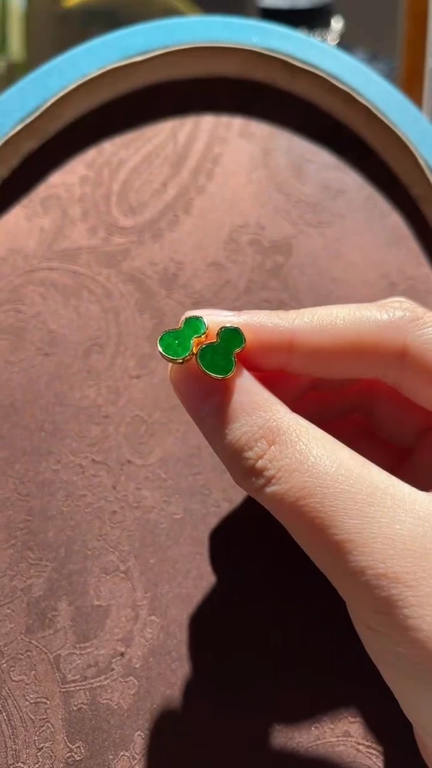 翡翠银S925镀金镶嵌耳钉红翡绿翠