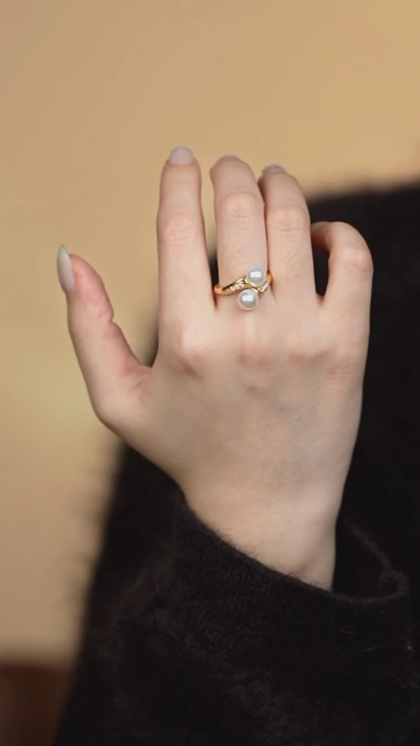 银S925镶嵌戒指海水珍珠6-7akoya双珠戒指