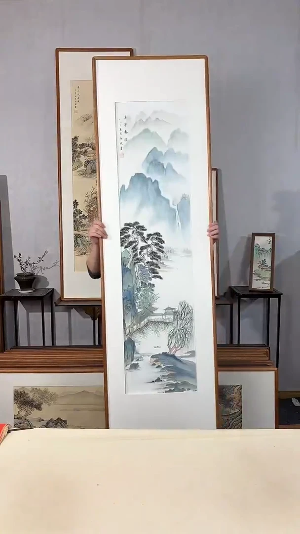 国画手绘*溪亭春烟*52*172cm带框发货