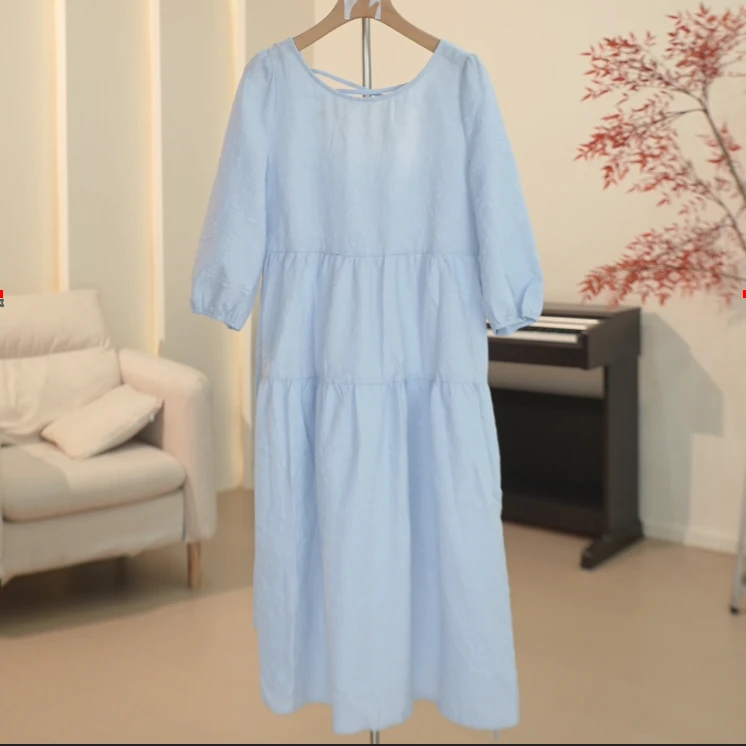 Y163 早春款纯色简约全裙提花七分袖中长款连衣裙 EW21C1061D