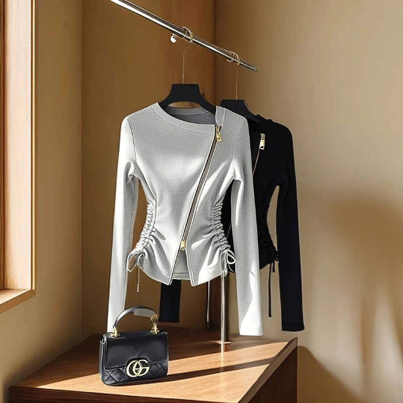 小众不撞款灰色斜拉链卫衣外套女款2024冬季抽绳收腰显瘦内搭上衣